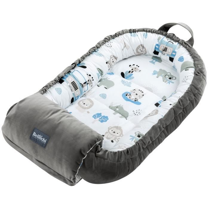 Bellochi Reducteur de Lit Bebe Cale Bebe pour Lit Cocon Bebe - Coton et Velours OEKO-TEX 90x60cm - Nid de Bebe - Safari