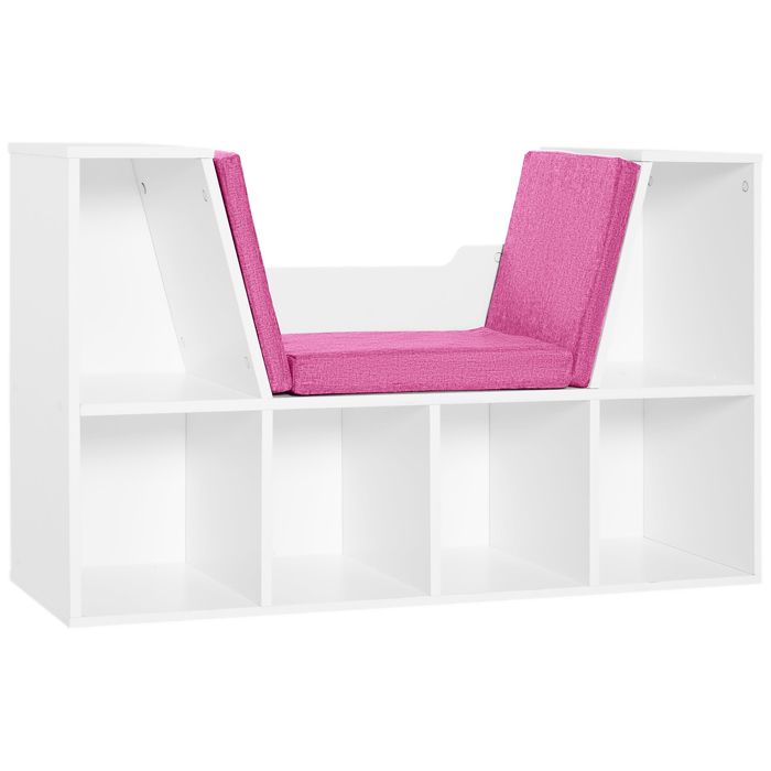 Bibliothèque banc 2 en 1 design contemporain 6 casiers 3 coussins fournis 102L x 30l x 61H cm blanc rose 102x30x61cm Rose