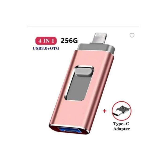 Clé USB 3.0 256 Go Compatible pour iPhone Flash Drive avec Connecteur Extension de Stockage Mémoire Stick iOS OTG Andriod Or