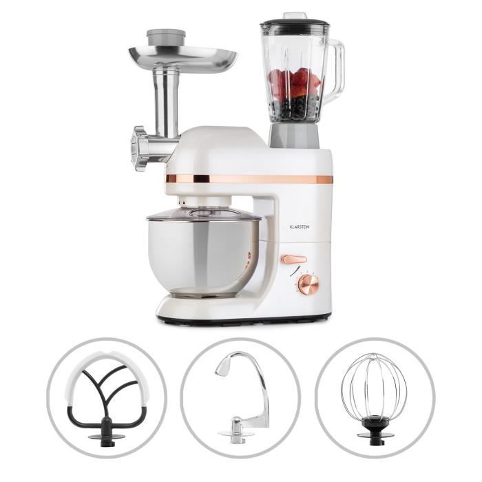 Robot pâtissier - Klarstein Lucia - Mixeur - Hachoir - Robot cuisine - 1300W - sans BPA - Robot multifonction - Blanc
