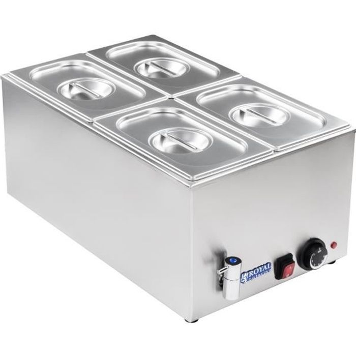 Bain Marie Rechaud Couvercle 1200 W Vidange 4 Recipients 150mm Vitrine Verre 56 x 335 x 25cm Royal Catering RCBM-1/4-150A-GN