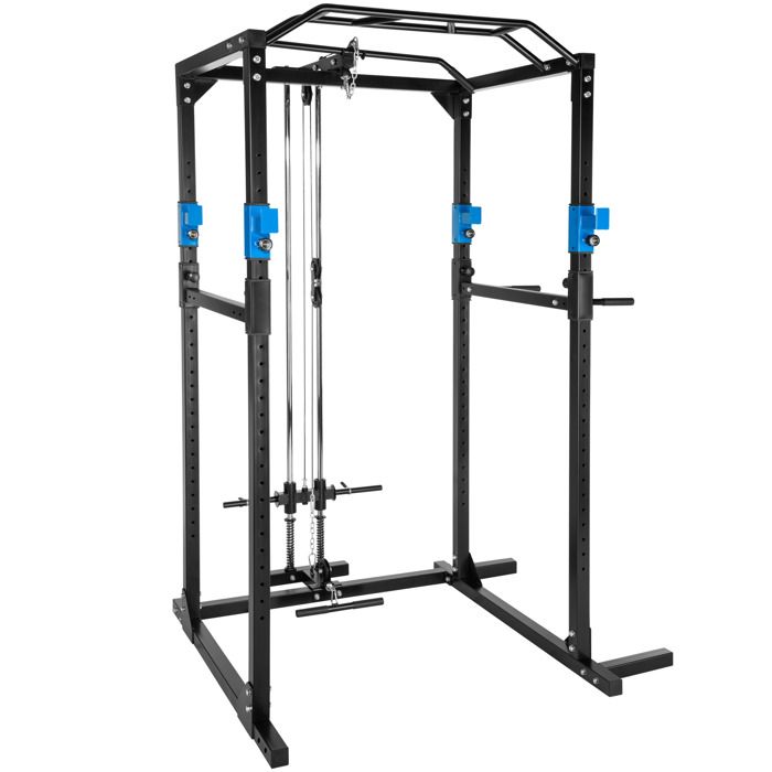 TECTAKE Cage de Musculation Charge 100 kg 4 supports pour haltères 136 cm x 142,5 cm x 215 cm Noir
