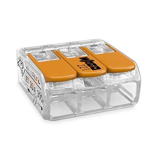 Wago 221-413 Borne de connexion 3 fils 0,2 à 4 mm² avec levier de commande, transparent modèle compact, Boite de 50