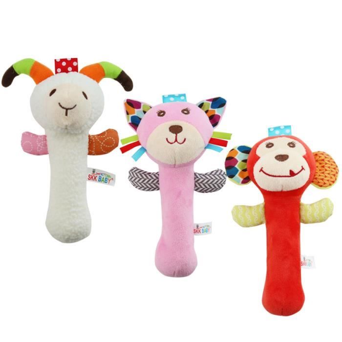 3pcs animaux infantiles hochets à main doux en peluche à saisir BB bâton dessin animé en poupée jouets pour bébés (style HOCHET