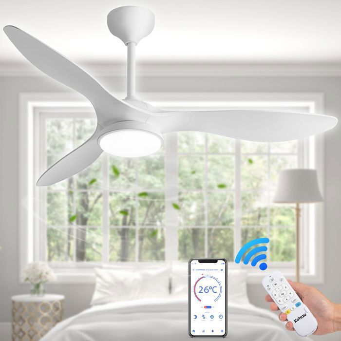 Ventilateur Plafond avec Lumière LED à Intensité Variable 132 cm Télécommande / Mode Hiver Été / Silencieux / Moteur CC 30W Blanc - Kotezu
