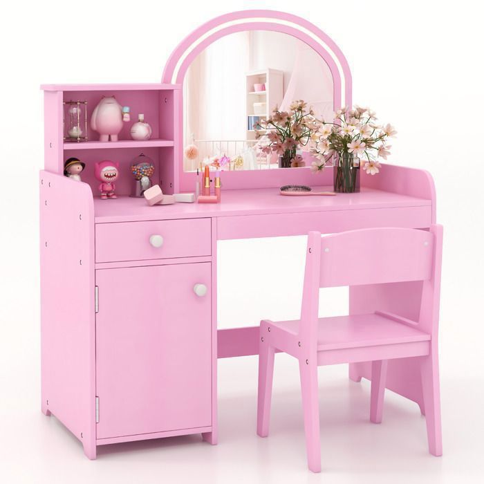 COSTWAY Coiffeuse 2 en 1 avec Chaise pour Enfants avec Miroir et 120 Lumières LED 2 Étagères et Tiroir Rose