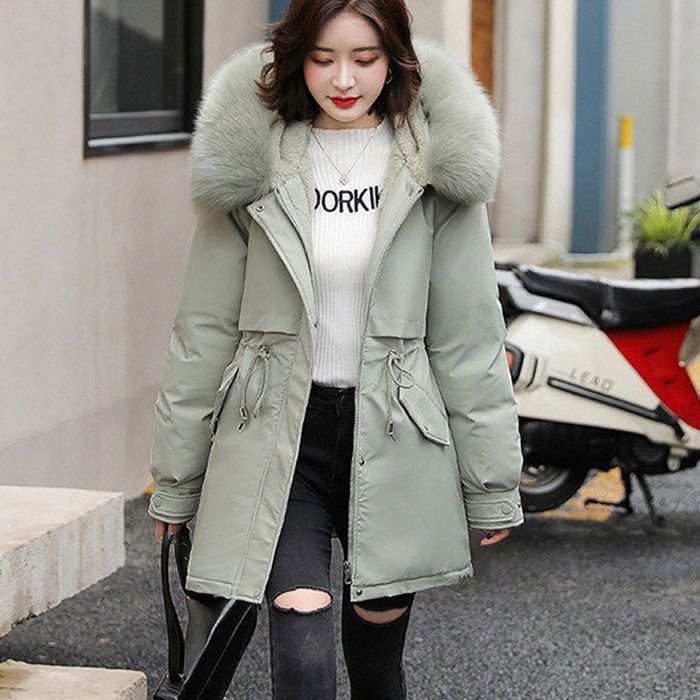 Doudoune Femme Mi Longue Doudoune a Capuche Hiver Manteau Chaud epais d hiver Veste Casual a Col en Fourrure Vert clair XS XL