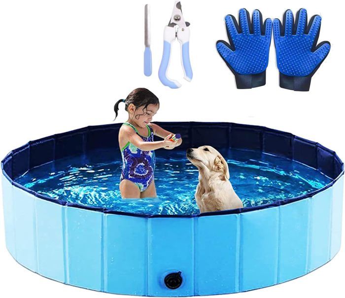 Piscine Pliable Pour Chien – PVC Renforcé 120 X 30 Cm – Fond Antidérapant – Sans Gonflage – Pour Chien, Enfant, Extérieur – Bleu