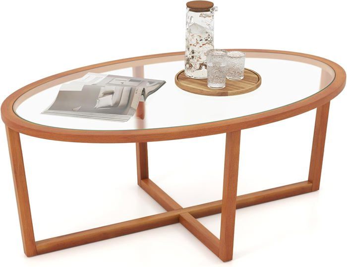 Table Basse Ovale 2 Niveaux En Bois D’hévéa – Style Rustique, 111x60,5x47 Cm, Charge 160 Kg – Pour Salon, Chambre