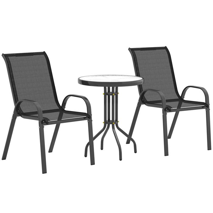 Salon de jardin extérieur - Outsunny - 3 pièces - 2 fauteuils empilables et table basse avec dessus en verre trempé - noir