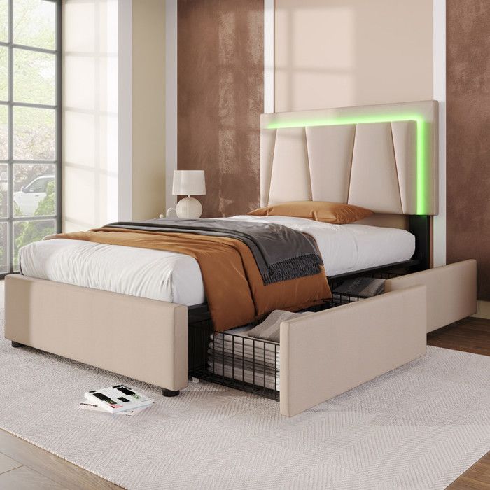 Lit simple 90x200cm - Tête de lit réglable - Éclairage LED - 2 tiroirs - Beige