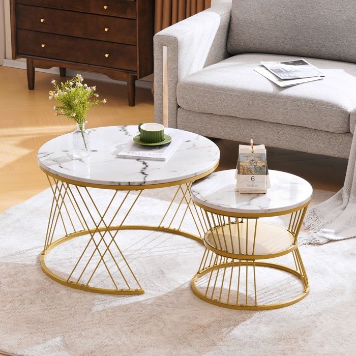 Table basse ronde lot de 2 Placage Marbre Tables basses gigognes Cadre Doré Style Moderne Meuble de salon 70x45x45x40cm Blanc