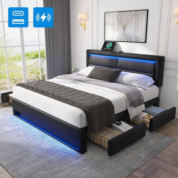 Lit capitonné 140x190 avec sommier et port USBLit 140x190 avec éclairage LED et quatre tiroirsLit doublesans matelasPUGris