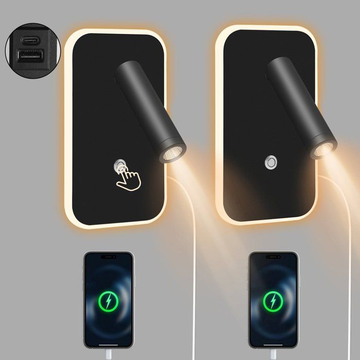 2 pièces Liseuse Applique Murale LED avec Port usb et Type C avec Port de Charge USB et Type-c Lumières Murale Gradation en Continu