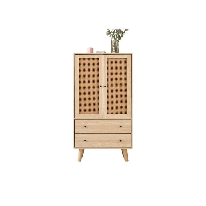 MEUBLES COSY Buffet haut en bois style moderne avec portes en rotin et tiroirs – 60 x 40 x 120 cm MEUBLES COSY Buffet haut en bois style moderne avec portes en rotin et tiroirs – 60 x 40 x 120 cm