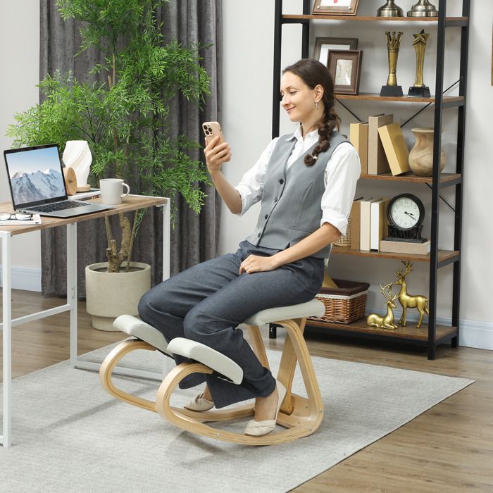 Siège assis genoux tabouret ergonomique en bois à bascule avec dossier chaise à genoux pour bureau à domicile crème