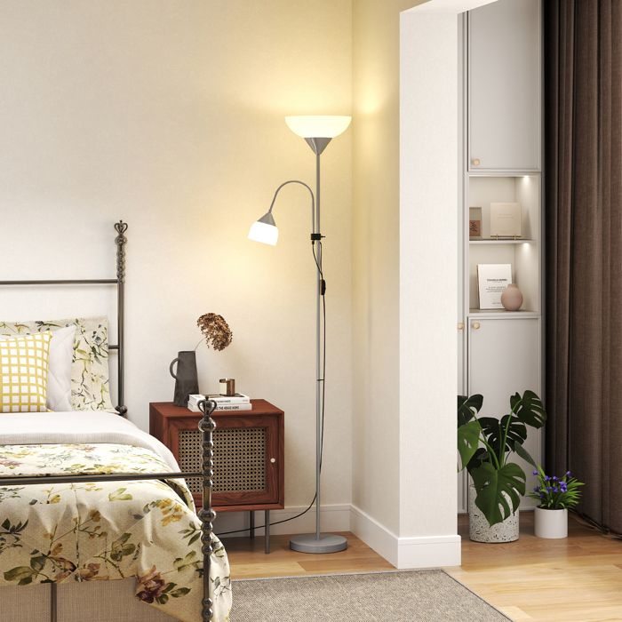 Lampadaire lampe de salon sur pied avec 2 têtes douille E27 et E14 base en métal dim. Ø28 x 179 5H cm