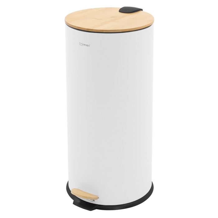 Poubelle à pédale ML-Design 30 L blanche en acier ronde couvercle en bambou fermeture silencieuse