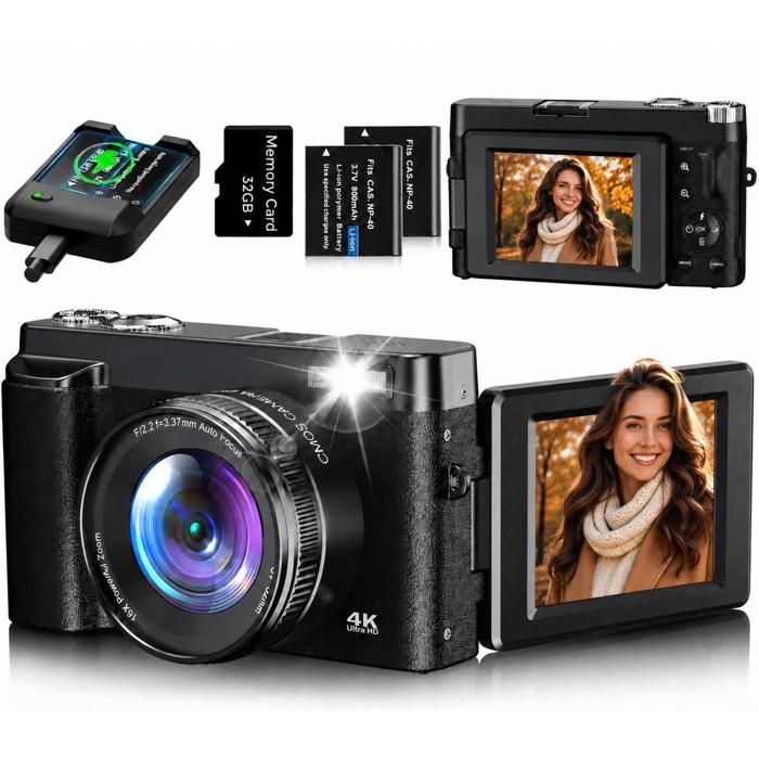 4K Appareil Photo Numérique 72MP Appareil Photo Compact Portable SD 64G 3 Écran LCD Rabattable 180° Zoom Numérique 16X