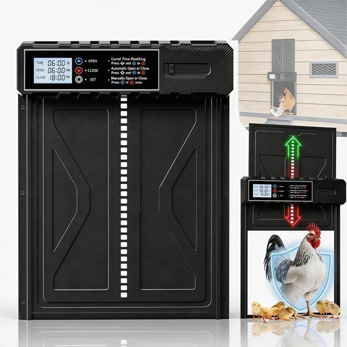 Porte Automatique Poulailler Solaire avec Minuterie Anti-pincement et Écran LCD Programmable Étanche étanche IPX45（364 × 274mm）