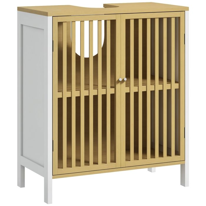 Meuble sous vasque HOMCOM 2 portes avec étagère réglable armoire de rangement pour lavabo 60 x 30 x 70 cm MDF et bambou