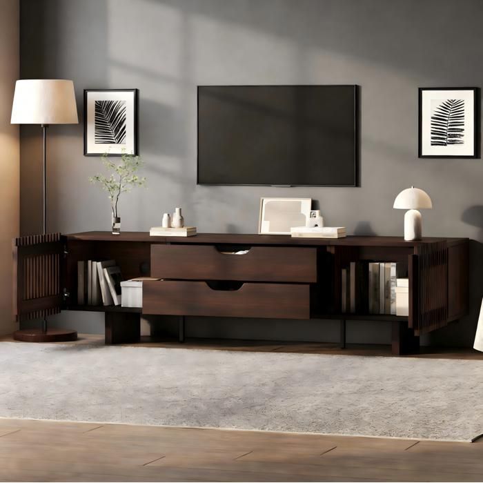 Grand Meuble TV Noyer Foncé Vintage - 180x40x45 cm - Portes à Lattes et 2 Tiroirs - Meuble Salon pour Écran jusquà 75 Pouces
