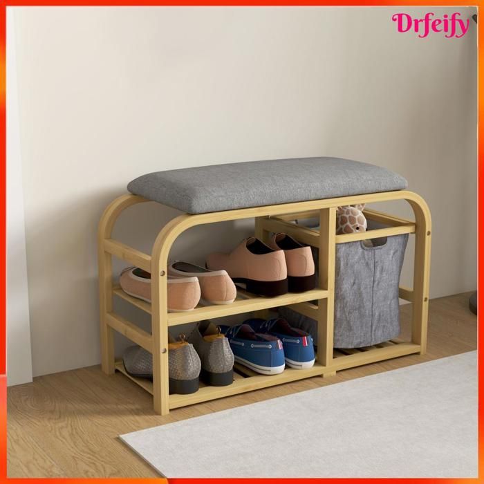 Banc à chaussures avec coussin - AKOZON - 11170 - Assise rembourrée effet lin - Bambou verni - Panier en tissu extractible