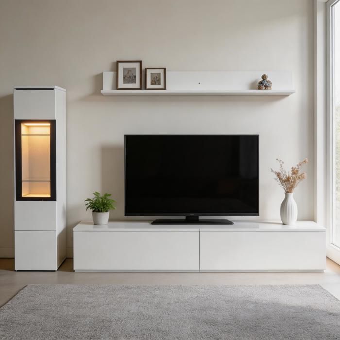 Meuble TV 3 pièces - PAGE LIVING - 180 cm - Éclairage LED (app) - Ouverture pression - Support hydraulique