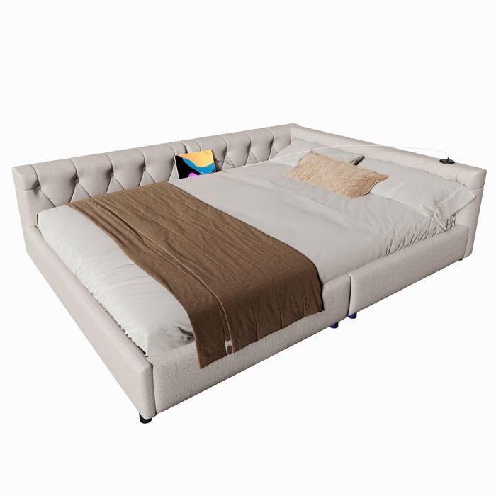 Canapé-lit Méridienne-Lin Beige 140x200cm-Tête Capitonnée-LED Télécommande-USB-C-Sommier Lattes-Sans Matelas Gain De Place Moderne