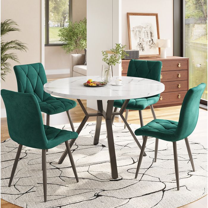 Ensemble table à manger ronde Noir et Vert 100 x 100 x 75 cm aspect marbre 4 chaises ergonomiques métal noir