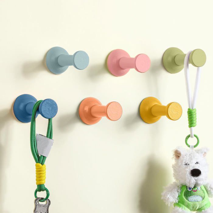 Lot de 6 patères murales adhésives en bois forme punaise style boho crochets pour clés manteaux chapeaux