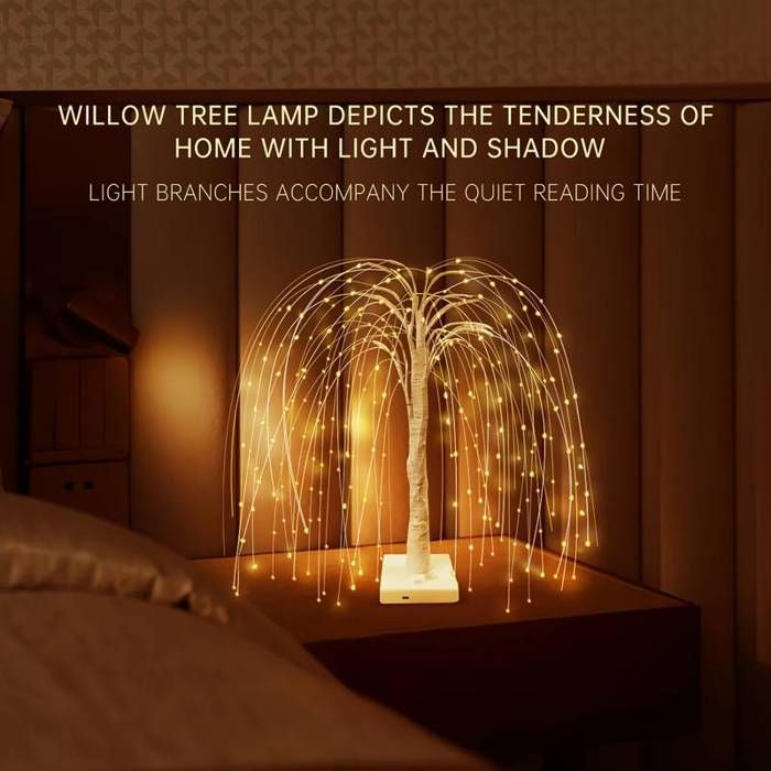 Lampe de nuit LED Saule - 192 LED + 8 modes déclairage - Alimentation USB/piles (sans piles) - Abat-jour plastique lampe romanti