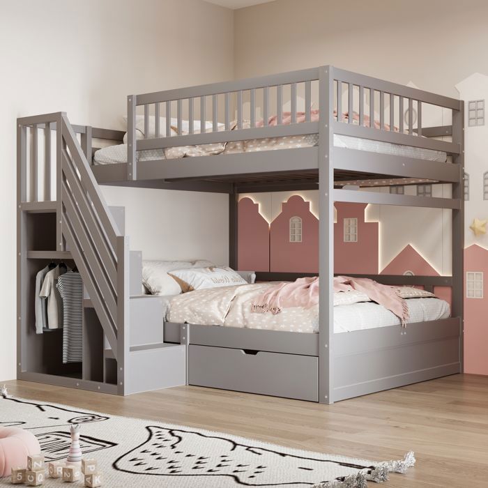 Lit Superposé 140x200 cm Bois Massif Gris – Barrières sécurité – Échelle rangement – Tiroirs – Sommier inclus