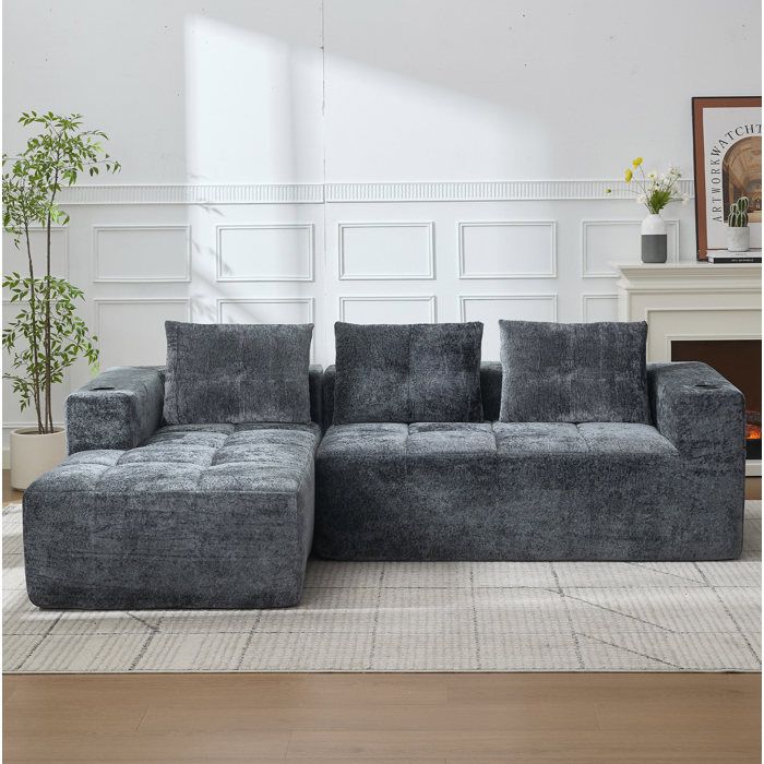 Canapé dangle compressé 258 cm gris en chenille avec 3 coussins et porte-gobelets