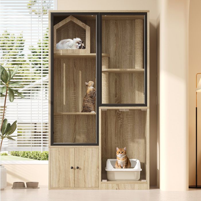 Meuble pour chat avec verre trempé niche étagères griffoirs et rangement - ELVMI - Bois naturel 90×50×160 cm