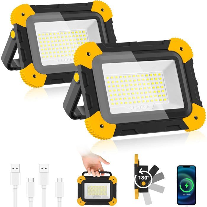 Projecteur Led Rechargeable 5 Modes Lampe de Chantier Batterie avec Câble USB 3000mAh Eclairage Chantier Portable 2 Pièces