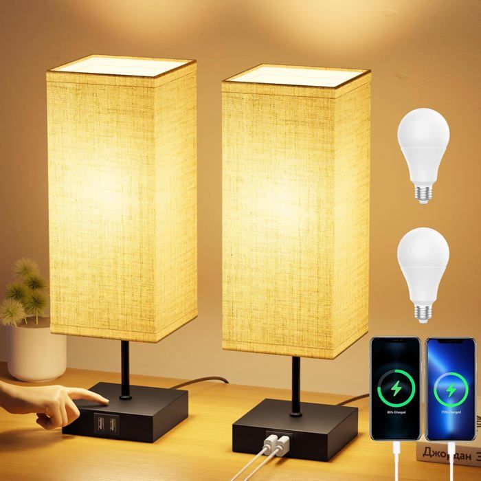 Lampe De Chevet Avec Charge Rapide USB Lampe De Table LED Avec 2 Ports De Charge Pour Chambre Et Bureau