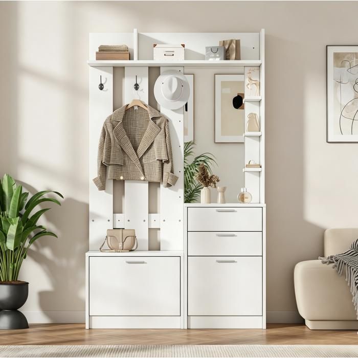 Meuble d’entrée avec miroir 110x34x185 cm 2 tiroirs 2 rangements chaussures abattants 3 crochets MDF blanc VEVXYN