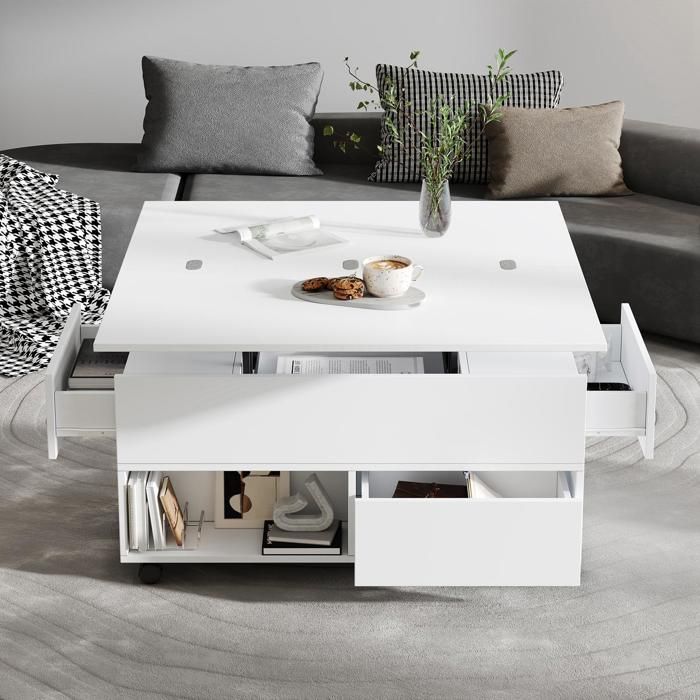 Table Basse Relevable Table de Salon Multifonction 3 en 1 avec Roulettes 4 Tiroirs Convertible en Table à Manger de Salon Blanc