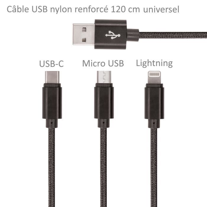 CABLE CHARGEUR TELEPHONE RENFORCE UNIVERSEL MICRO USB TYPE-C ou LIGHTNING 