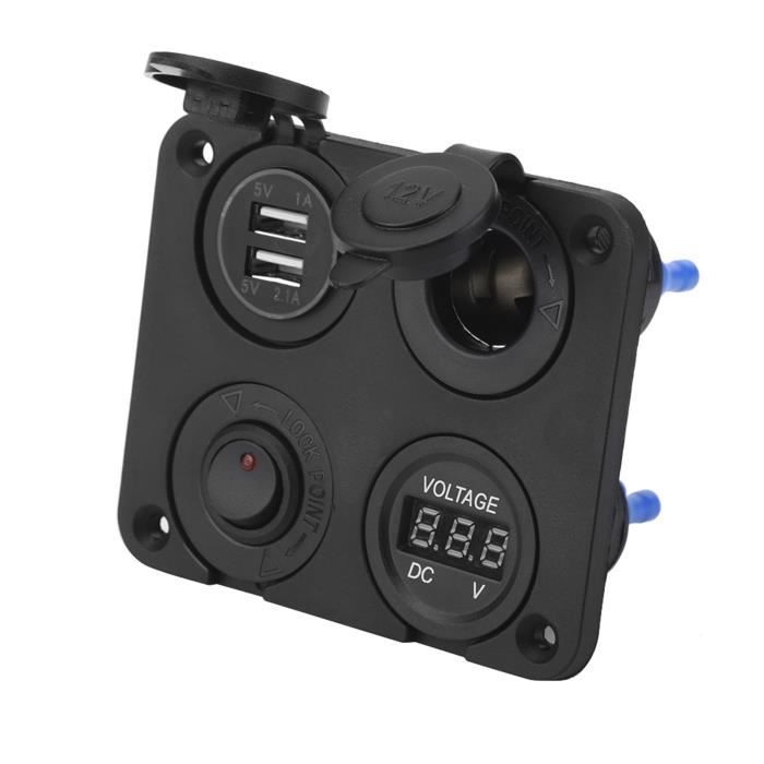 Chargeur Voiture 4 Ports Avec Interrupteur ON/OFF Et Voltmètre Numérique - Bleu