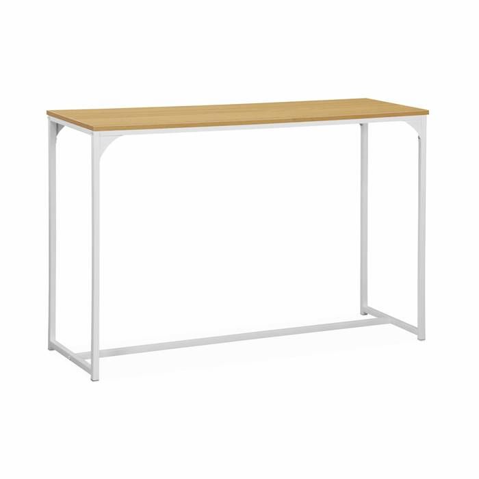 Console en métal blanc mat et décor bois. 120x39x79cm - Loft - table d'appoint avec 1 barre de renfort