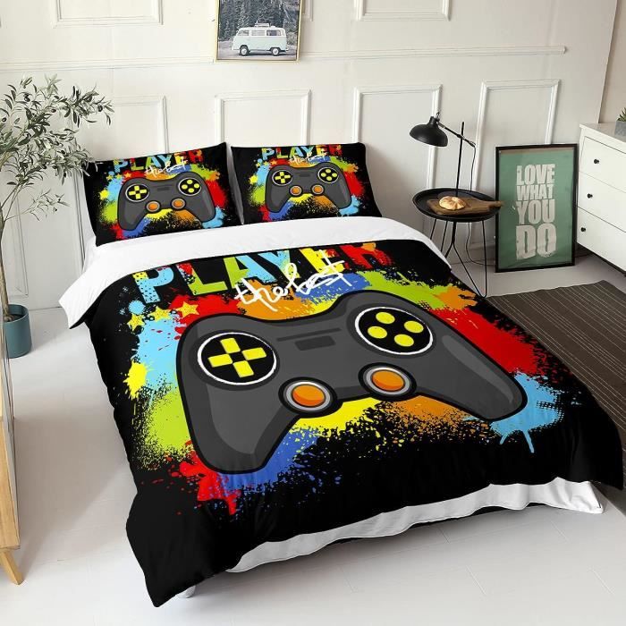 Housse De Couette Gamer Enfant 220x240 Cm - Motif Manette Jeu Vidéo - Microfibre