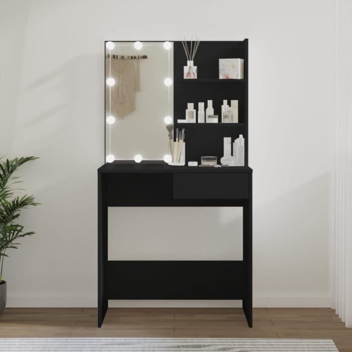 Élégant ensemble de coiffeuse à LED avec miroir à 3 tiroirs et tabouret rembourré – Coiffeuse fonctionnelle pour chambre de fille – Design élégant gris de 80 cm
