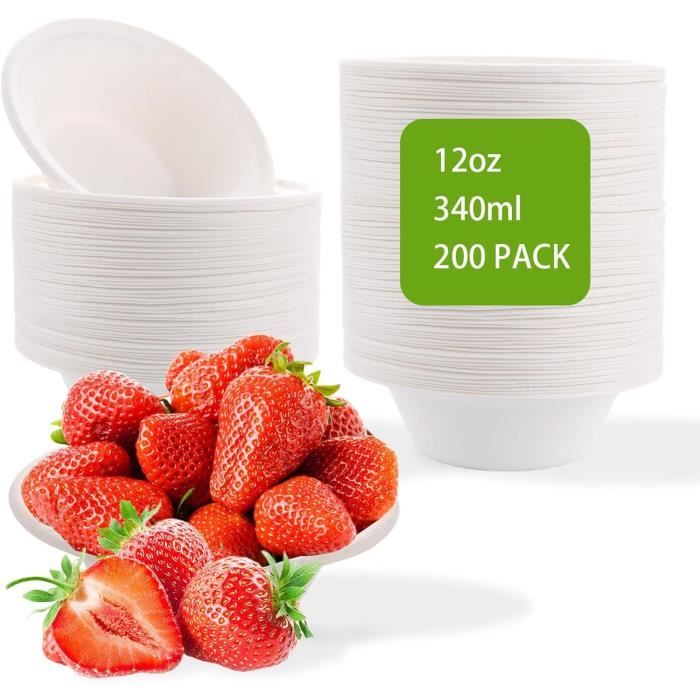 200 Bols à Soupe Jetables En Carton 220 Ml - Blanc, Canne à Sucre, Ø11,5 Cm, Pour Fêtes Et Pique-niques - 6