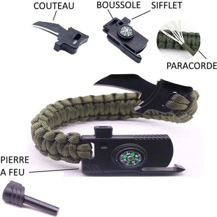 Paracord Survival Bracelet Multi-Tool Outdoor d'urgence couteau Boussole feu pierre