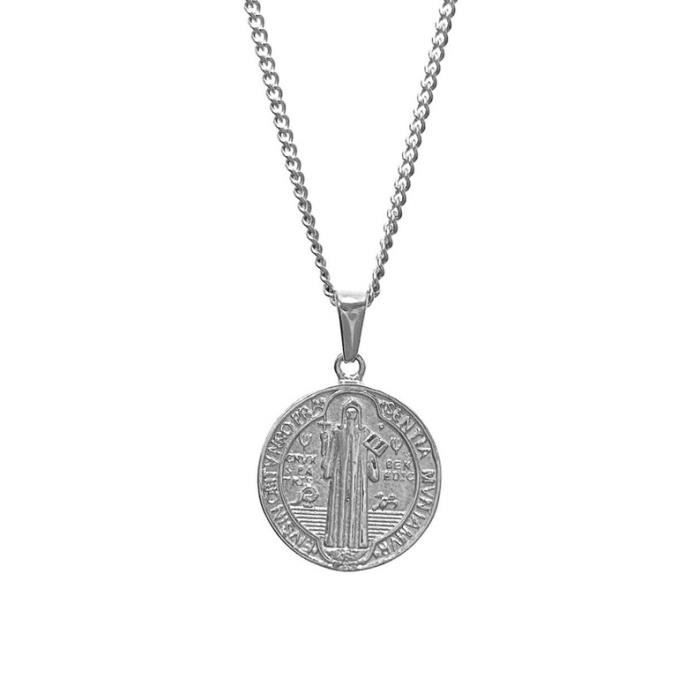 PROSTEEL Collier Saint Benoit Homme En Acier Inoxydable, Pendentif Ovale Avec Chaîne 3mm Ajustable 55+5cm, Bijou Talisman