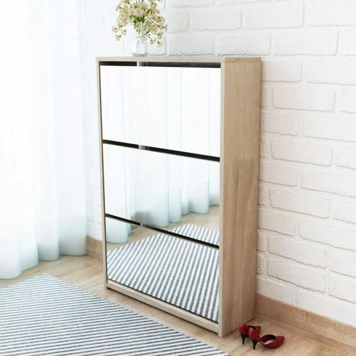 Meuble A Chaussures 3 Etageres Miroir Grande Capacite 63 X 17 X