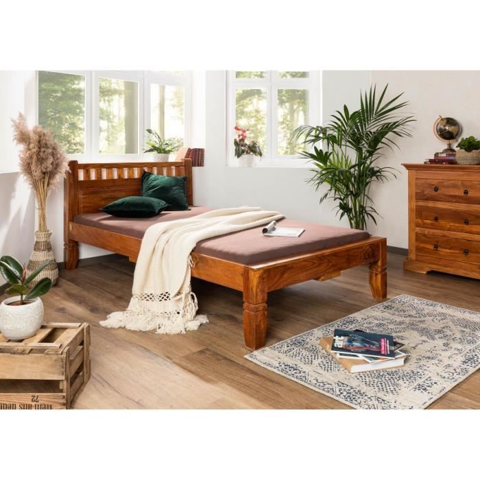 Stucture lit 120x200 - Bois massif dacacia laqué (Miel) - Style colonial - OXFORD 220