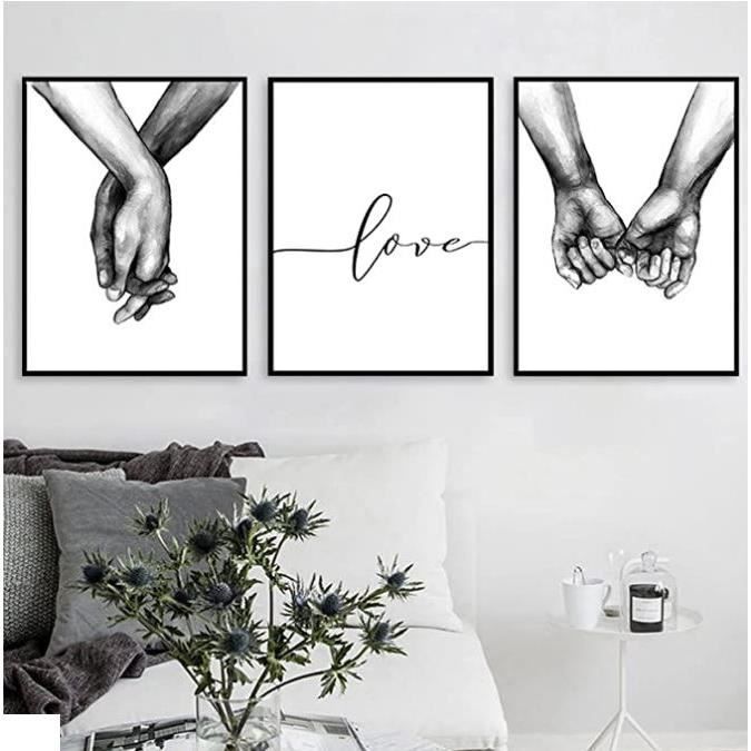 Affiches Tableaux Deco 3pcs Noir Blanc Murale Poster Deco Set Tenant Par La Main Et Citation Amour Murale Sans Cadre 40x50cm Cdiscount Maison